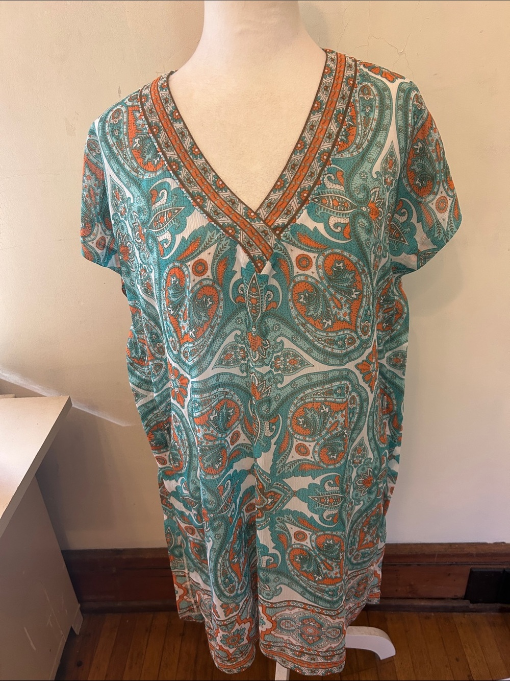 Tommy Bahama V-neck teal orange paisley sheer coverup Size S EUC